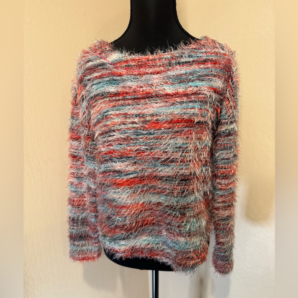 Anthropologie Cozy Red and Blue Fuzzy Sweater Coastal Grandmother Soft and Warm